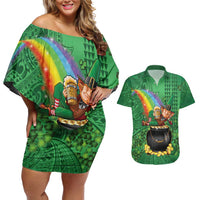 Hawaii Saint Patrick's Day Couples Matching Off Shoulder Short Dress and Hawaiian Shirt Funny Leprechaun With Pot Of Gold - Polynesian Tattoo LT14 Green - Polynesian Pride