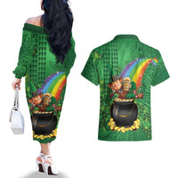 Hawaii Saint Patrick's Day Couples Matching Off The Shoulder Long Sleeve Dress and Hawaiian Shirt Funny Leprechaun With Pot Of Gold - Polynesian Tattoo LT14 - Polynesian Pride
