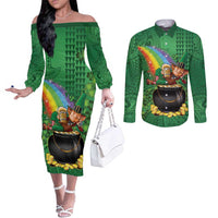 Hawaii Saint Patrick's Day Couples Matching Off The Shoulder Long Sleeve Dress and Long Sleeve Button Shirt Funny Leprechaun With Pot Of Gold - Polynesian Tattoo LT14 Green - Polynesian Pride