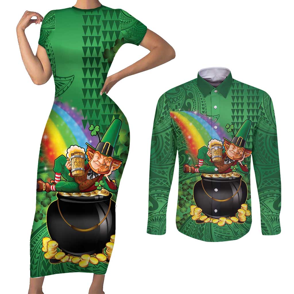 Hawaii Saint Patrick's Day Couples Matching Short Sleeve Bodycon Dress and Long Sleeve Button Shirt Funny Leprechaun With Pot Of Gold - Polynesian Tattoo LT14 Green - Polynesian Pride