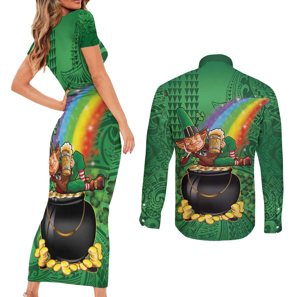Hawaii Saint Patrick's Day Couples Matching Short Sleeve Bodycon Dress and Long Sleeve Button Shirt Funny Leprechaun With Pot Of Gold - Polynesian Tattoo LT14 - Polynesian Pride