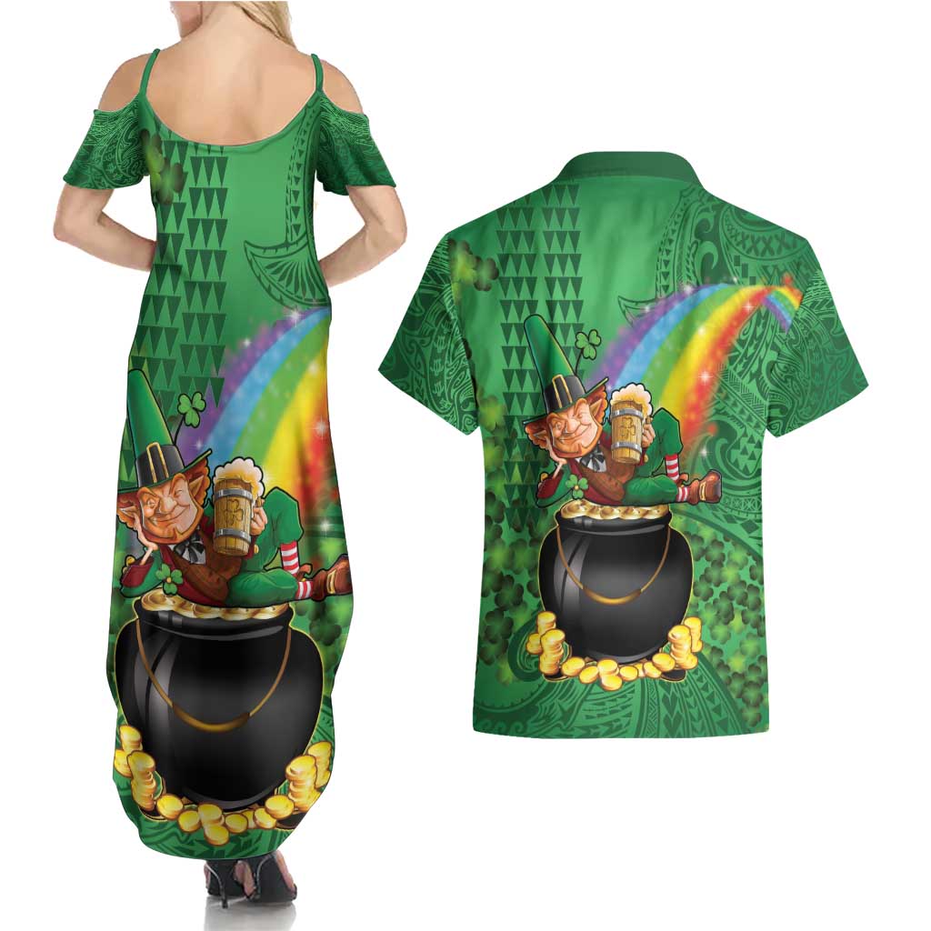 Hawaii Saint Patrick's Day Couples Matching Summer Maxi Dress and Hawaiian Shirt Funny Leprechaun With Pot Of Gold - Polynesian Tattoo LT14 - Polynesian Pride