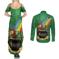 Hawaii Saint Patrick's Day Couples Matching Summer Maxi Dress and Long Sleeve Button Shirt Funny Leprechaun With Pot Of Gold - Polynesian Tattoo LT14 - Polynesian Pride