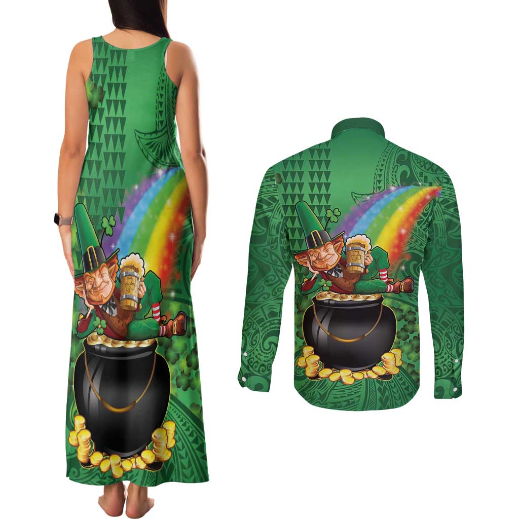 Hawaii Saint Patrick's Day Couples Matching Tank Maxi Dress and Long Sleeve Button Shirt Funny Leprechaun With Pot Of Gold - Polynesian Tattoo LT14 - Polynesian Pride