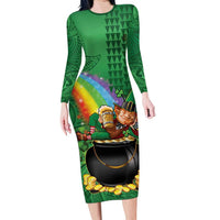 Hawaii Saint Patrick's Day Family Matching Long Sleeve Bodycon Dress and Hawaiian Shirt Funny Leprechaun With Pot Of Gold - Polynesian Tattoo LT14 Mom's Dress Green - Polynesian Pride