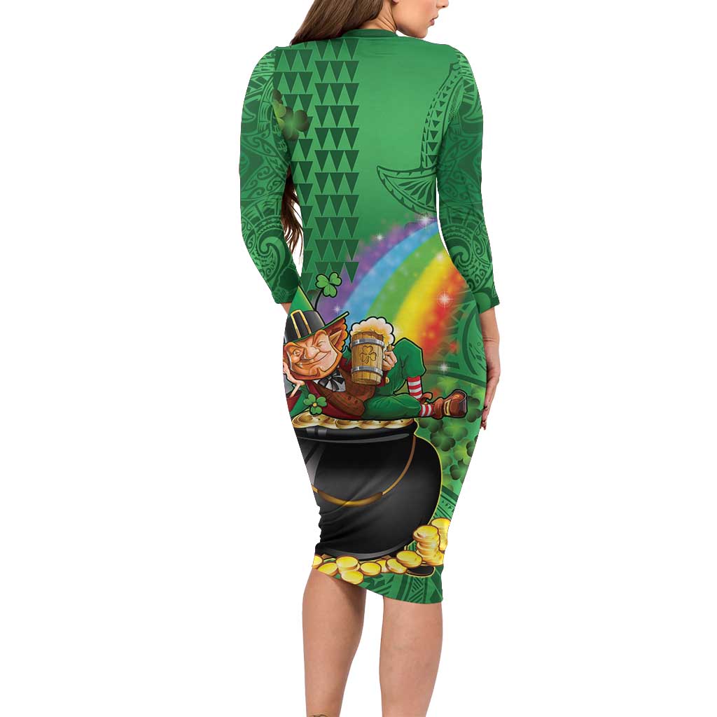 Hawaii Saint Patrick's Day Family Matching Long Sleeve Bodycon Dress and Hawaiian Shirt Funny Leprechaun With Pot Of Gold - Polynesian Tattoo LT14 - Polynesian Pride