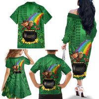 Hawaii Saint Patrick's Day Family Matching Off The Shoulder Long Sleeve Dress and Hawaiian Shirt Funny Leprechaun With Pot Of Gold - Polynesian Tattoo LT14 - Polynesian Pride