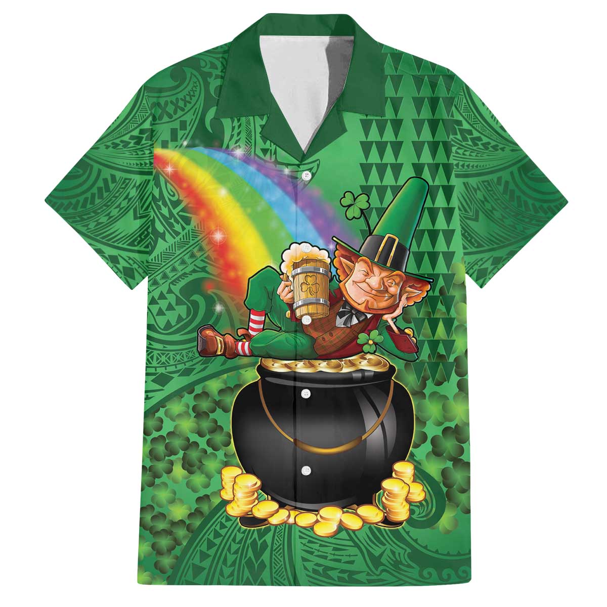 Hawaii Saint Patrick's Day Family Matching Off The Shoulder Long Sleeve Dress and Hawaiian Shirt Funny Leprechaun With Pot Of Gold - Polynesian Tattoo LT14 - Polynesian Pride