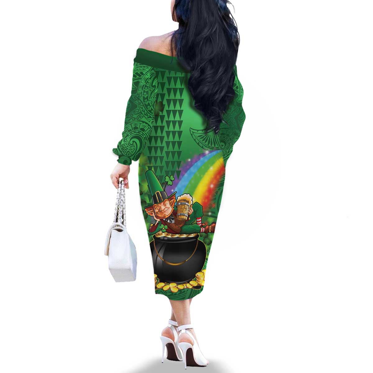 Hawaii Saint Patrick's Day Family Matching Off The Shoulder Long Sleeve Dress and Hawaiian Shirt Funny Leprechaun With Pot Of Gold - Polynesian Tattoo LT14 - Polynesian Pride