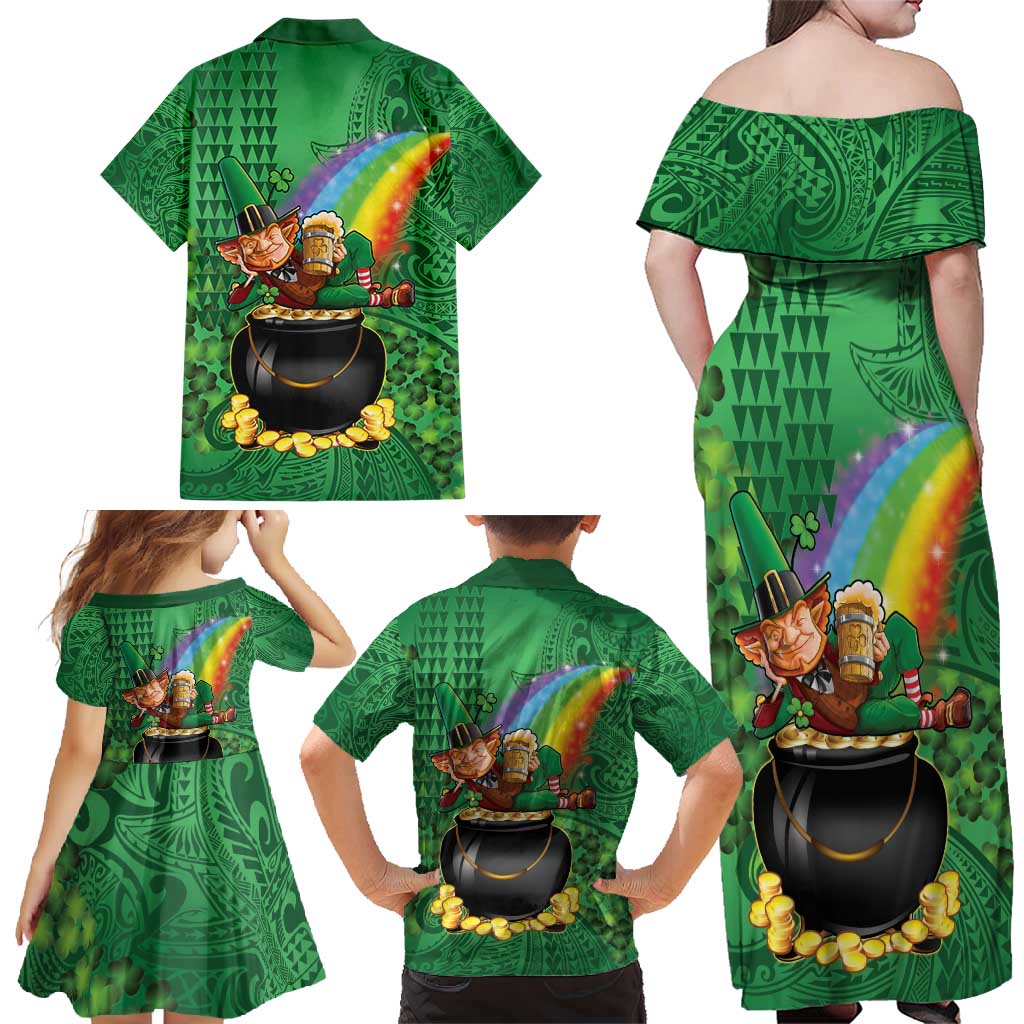 Hawaii Saint Patrick's Day Family Matching Off Shoulder Maxi Dress and Hawaiian Shirt Funny Leprechaun With Pot Of Gold - Polynesian Tattoo LT14 - Polynesian Pride