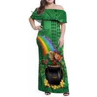 Hawaii Saint Patrick's Day Family Matching Off Shoulder Maxi Dress and Hawaiian Shirt Funny Leprechaun With Pot Of Gold - Polynesian Tattoo LT14 Mom's Dress Green - Polynesian Pride