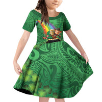 Hawaii Saint Patrick's Day Family Matching Off Shoulder Short Dress and Hawaiian Shirt Funny Leprechaun With Pot Of Gold - Polynesian Tattoo LT14 Daughter's Dress Green - Polynesian Pride