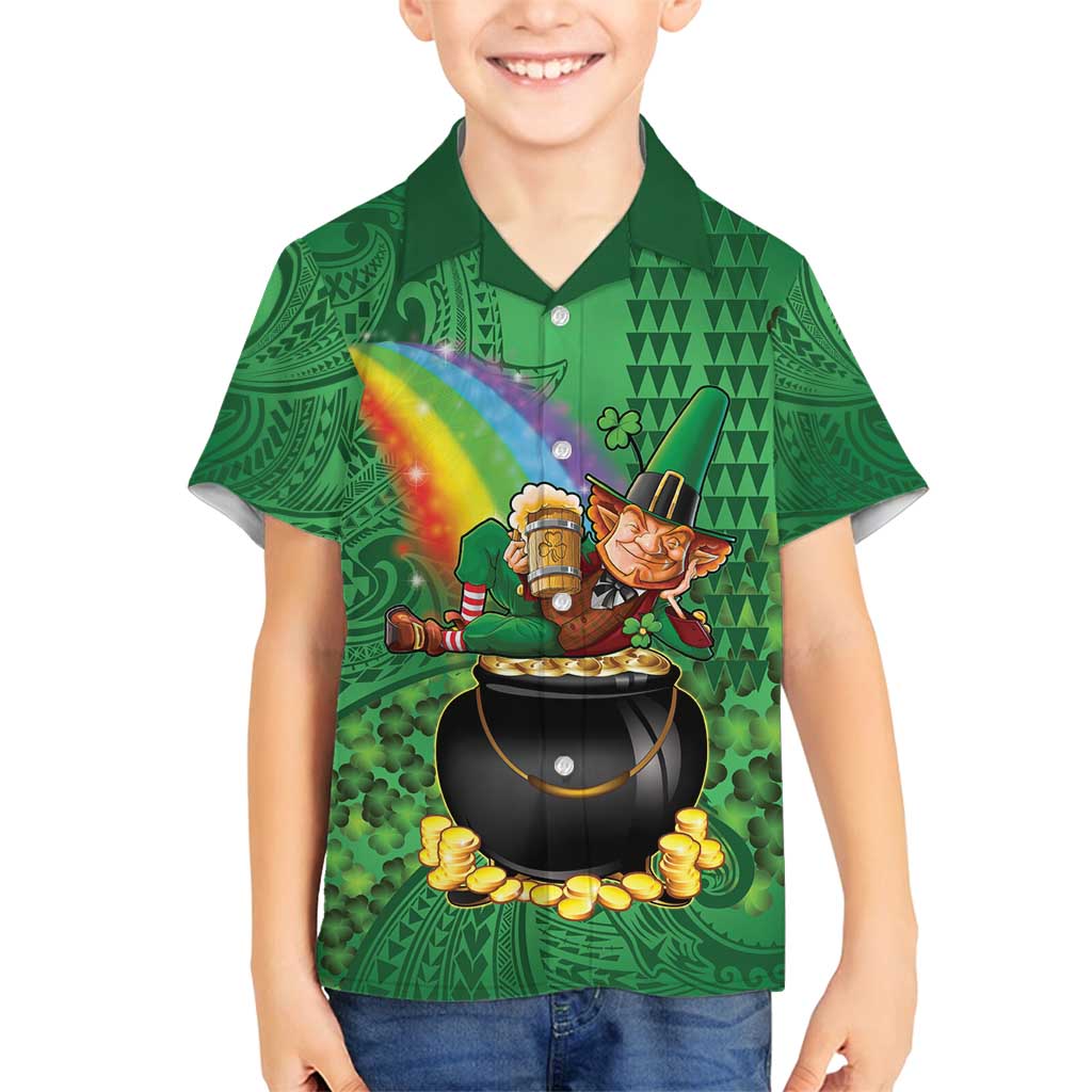 Hawaii Saint Patrick's Day Family Matching Puletasi and Hawaiian Shirt Funny Leprechaun With Pot Of Gold - Polynesian Tattoo LT14 Son's Shirt Green - Polynesian Pride