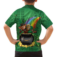 Hawaii Saint Patrick's Day Family Matching Short Sleeve Bodycon Dress and Hawaiian Shirt Funny Leprechaun With Pot Of Gold - Polynesian Tattoo LT14 - Polynesian Pride