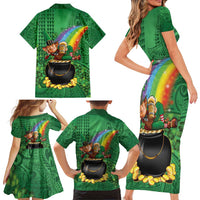 Hawaii Saint Patrick's Day Family Matching Short Sleeve Bodycon Dress and Hawaiian Shirt Funny Leprechaun With Pot Of Gold - Polynesian Tattoo LT14 - Polynesian Pride