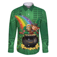 Hawaii Saint Patrick's Day Family Matching Short Sleeve Bodycon Dress and Hawaiian Shirt Funny Leprechaun With Pot Of Gold - Polynesian Tattoo LT14 Dad's Shirt - Long Sleeve Green - Polynesian Pride