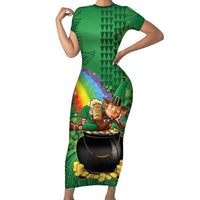 Hawaii Saint Patrick's Day Family Matching Short Sleeve Bodycon Dress and Hawaiian Shirt Funny Leprechaun With Pot Of Gold - Polynesian Tattoo LT14 Mom's Dress Green - Polynesian Pride