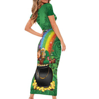Hawaii Saint Patrick's Day Family Matching Short Sleeve Bodycon Dress and Hawaiian Shirt Funny Leprechaun With Pot Of Gold - Polynesian Tattoo LT14 - Polynesian Pride