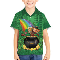 Hawaii Saint Patrick's Day Family Matching Short Sleeve Bodycon Dress and Hawaiian Shirt Funny Leprechaun With Pot Of Gold - Polynesian Tattoo LT14 Son's Shirt Green - Polynesian Pride