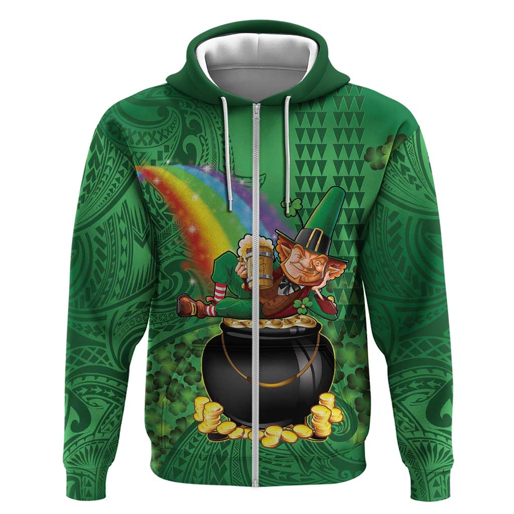 Hawaii Saint Patrick's Day Hoodie Funny Leprechaun With Pot Of Gold - Polynesian Tattoo LT14 Zip Hoodie Green - Polynesian Pride