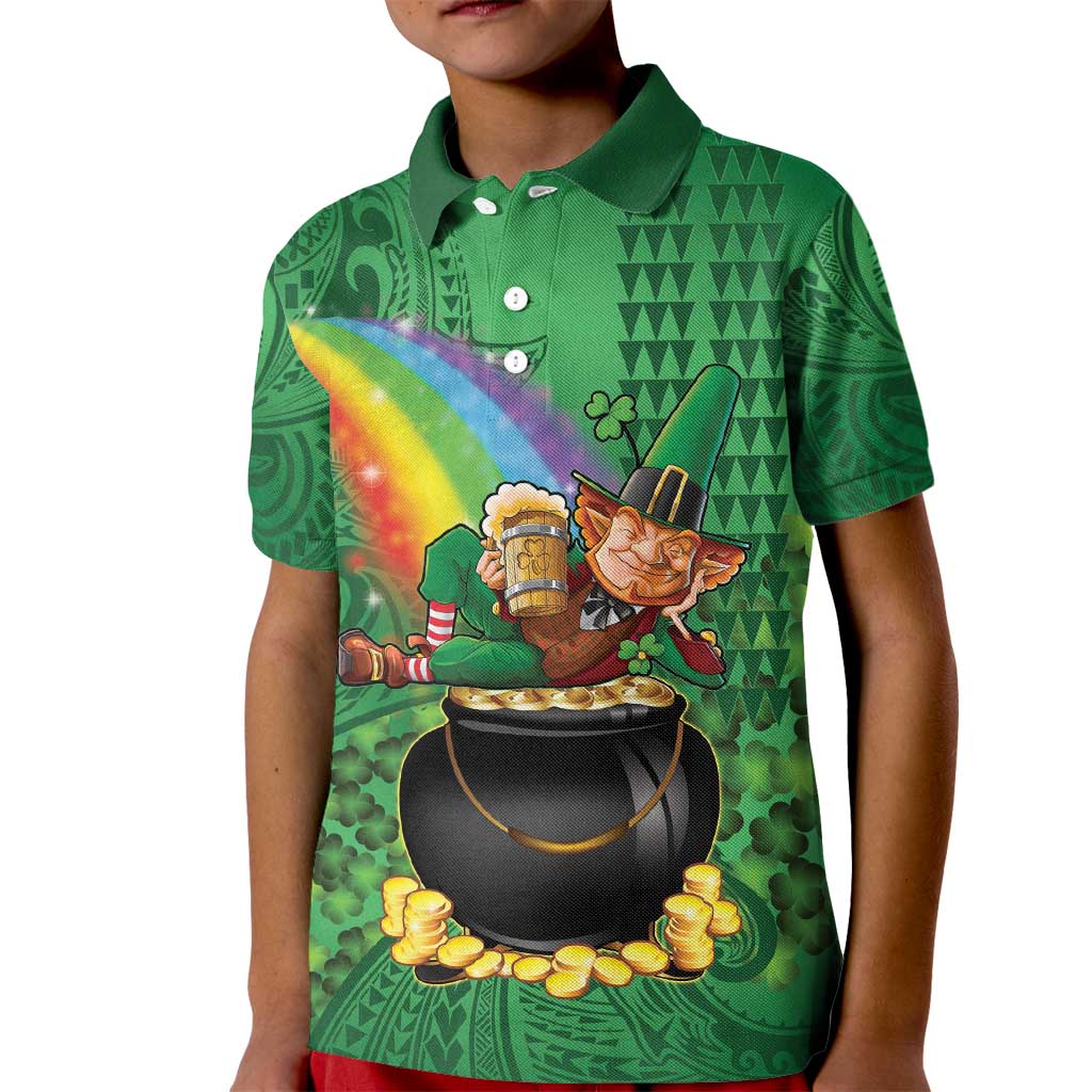 Hawaii Saint Patrick's Day Kid Polo Shirt Funny Leprechaun With Pot Of Gold - Polynesian Tattoo LT14 Kid Green - Polynesian Pride
