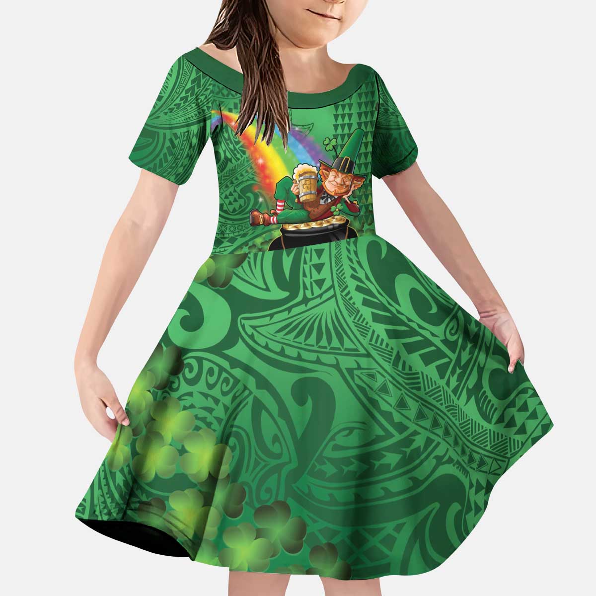 Hawaii Saint Patrick's Day Kid Short Sleeve Dress Funny Leprechaun With Pot Of Gold - Polynesian Tattoo LT14 KID Green - Polynesian Pride