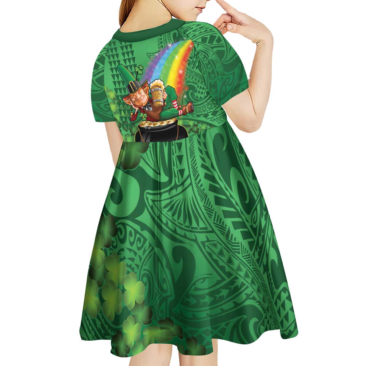 Hawaii Saint Patrick's Day Kid Short Sleeve Dress Funny Leprechaun With Pot Of Gold - Polynesian Tattoo LT14 - Polynesian Pride