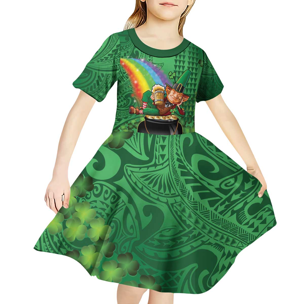 Hawaii Saint Patrick's Day Kid Short Sleeve Dress Funny Leprechaun With Pot Of Gold - Polynesian Tattoo LT14 - Polynesian Pride