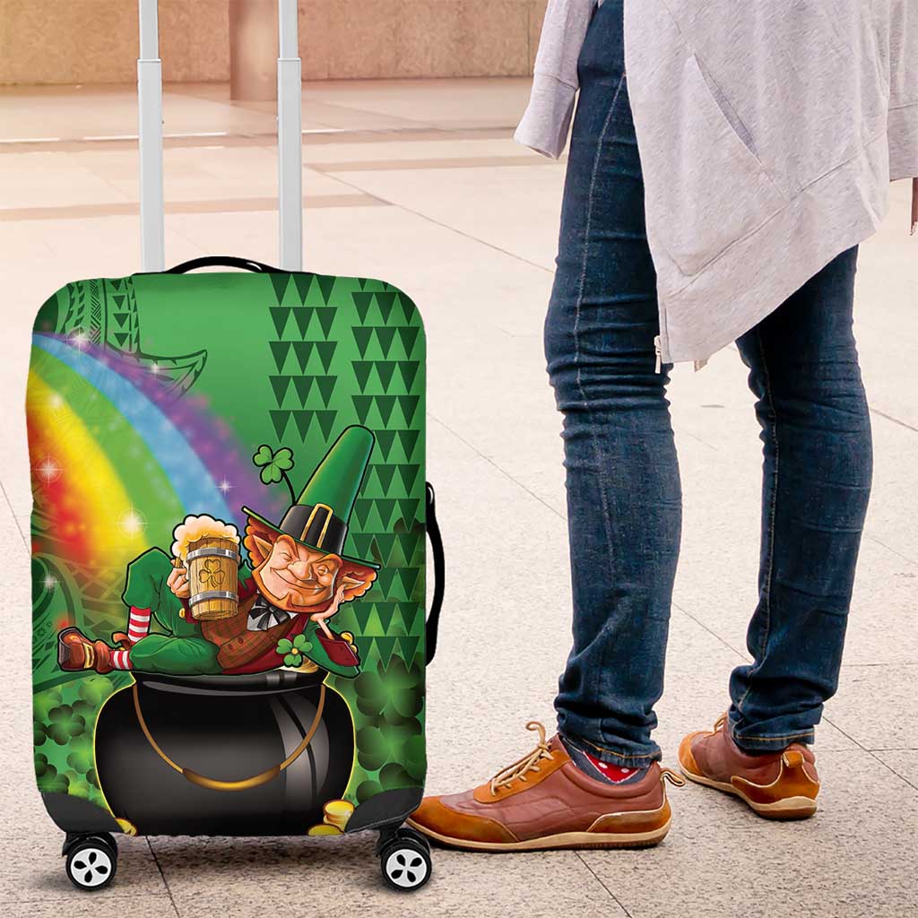 Hawaii Saint Patrick's Day Luggage Cover Funny Leprechaun With Pot Of Gold - Polynesian Tattoo LT14 Green - Polynesian Pride