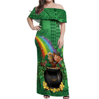 Hawaii Saint Patrick's Day Off Shoulder Maxi Dress Funny Leprechaun With Pot Of Gold - Polynesian Tattoo LT14 Women Green - Polynesian Pride