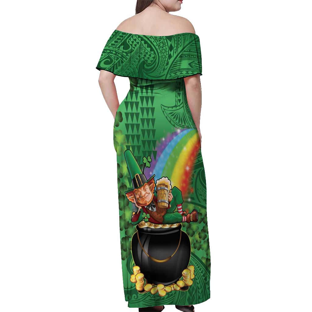 Hawaii Saint Patrick's Day Off Shoulder Maxi Dress Funny Leprechaun With Pot Of Gold - Polynesian Tattoo LT14 - Polynesian Pride