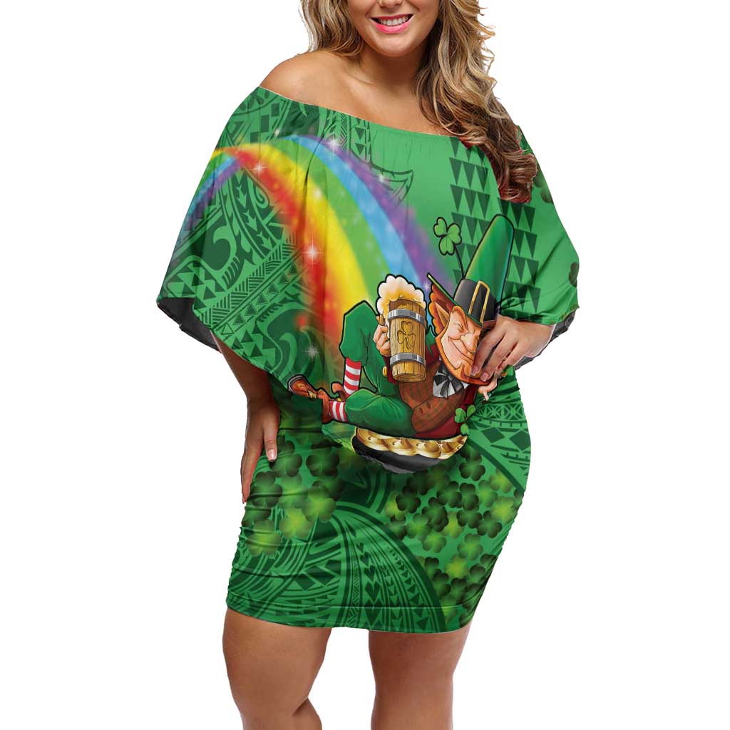 Hawaii Saint Patrick's Day Off Shoulder Short Dress Funny Leprechaun With Pot Of Gold - Polynesian Tattoo LT14 Women Green - Polynesian Pride