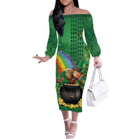 Hawaii Saint Patrick's Day Off The Shoulder Long Sleeve Dress Funny Leprechaun With Pot Of Gold - Polynesian Tattoo LT14 Women Green - Polynesian Pride