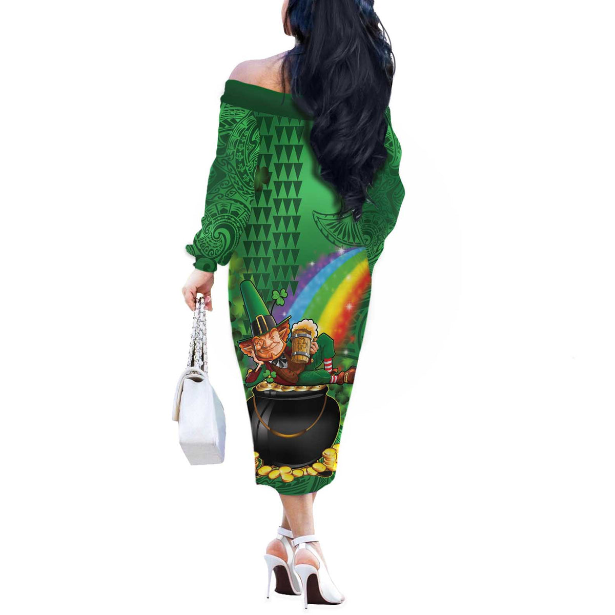 Hawaii Saint Patrick's Day Off The Shoulder Long Sleeve Dress Funny Leprechaun With Pot Of Gold - Polynesian Tattoo LT14 - Polynesian Pride