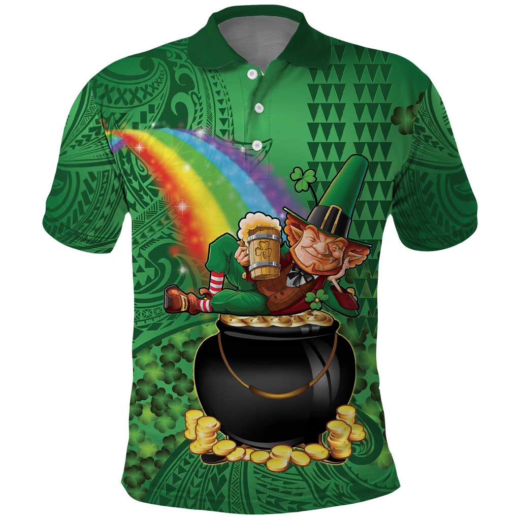 Hawaii Saint Patrick's Day Polo Shirt Funny Leprechaun With Pot Of Gold - Polynesian Tattoo LT14 Green - Polynesian Pride