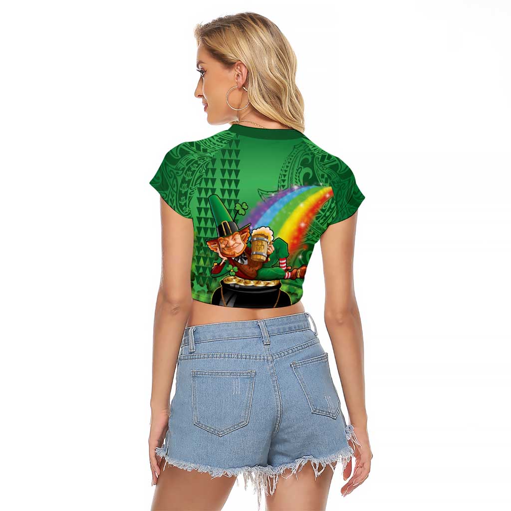Hawaii Saint Patrick's Day Raglan Cropped T Shirt Funny Leprechaun With Pot Of Gold - Polynesian Tattoo LT14 - Polynesian Pride