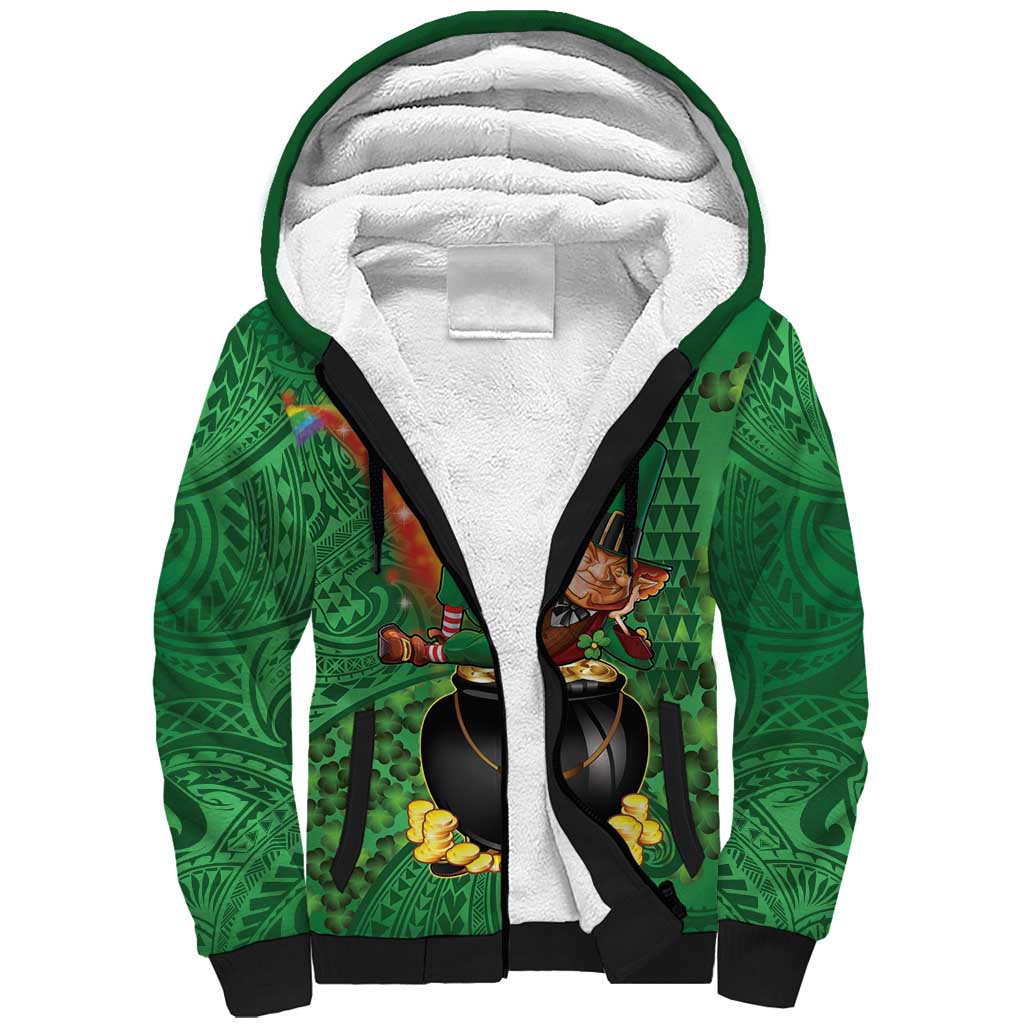 Hawaii Saint Patrick's Day Sherpa Hoodie Funny Leprechaun With Pot Of Gold - Polynesian Tattoo LT14 Unisex Green - Polynesian Pride