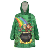 Hawaii Saint Patrick's Day Wearable Blanket Hoodie Funny Leprechaun With Pot Of Gold - Polynesian Tattoo LT14 One Size Green - Polynesian Pride