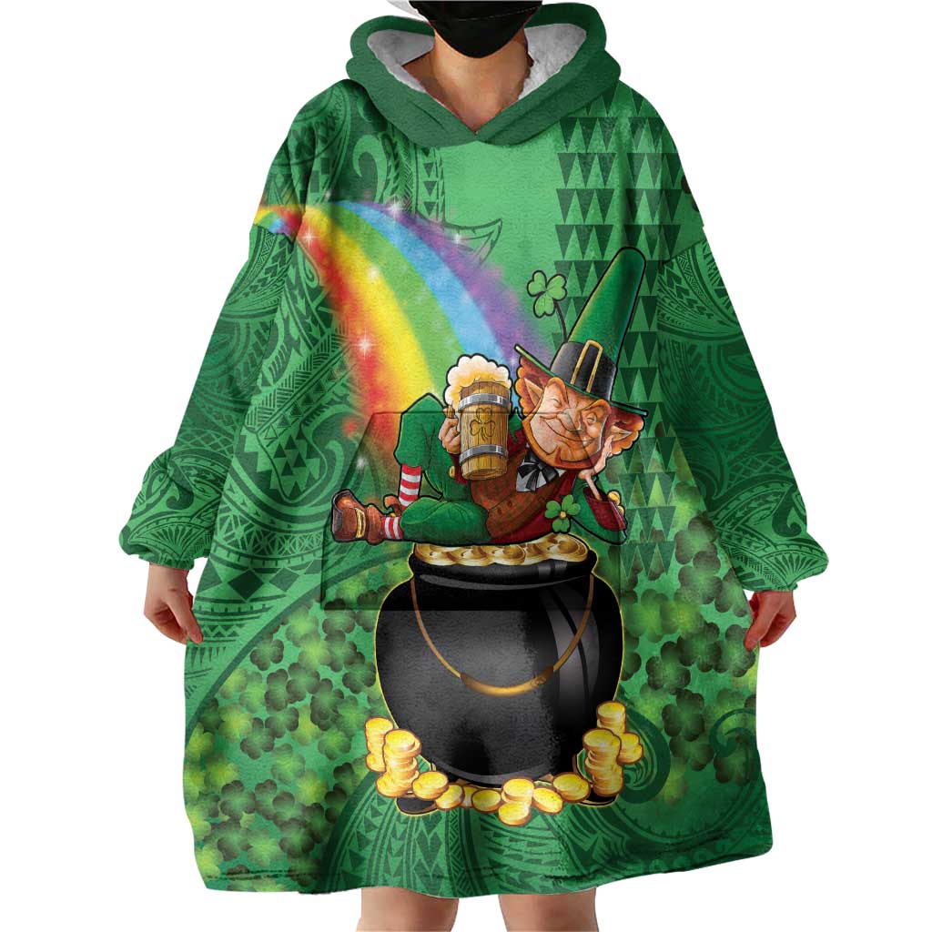 Hawaii Saint Patrick's Day Wearable Blanket Hoodie Funny Leprechaun With Pot Of Gold - Polynesian Tattoo LT14 - Polynesian Pride