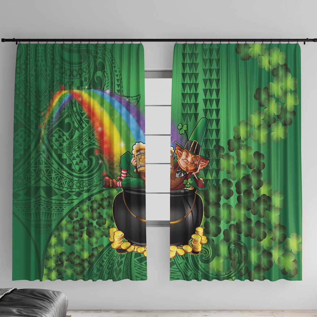 Hawaii Saint Patrick's Day Window Curtain Funny Leprechaun With Pot Of Gold - Polynesian Tattoo LT14 With Hooks Green - Polynesian Pride