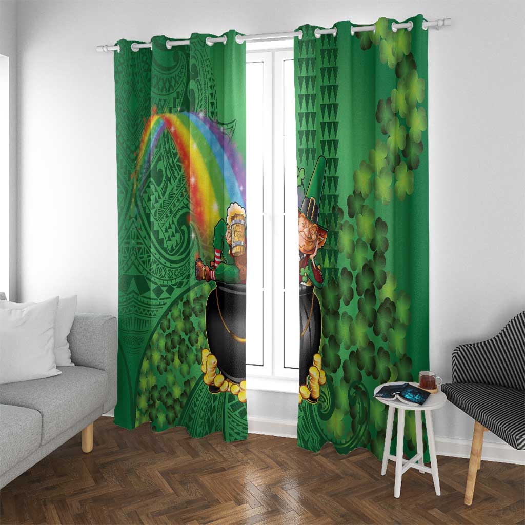 Hawaii Saint Patrick's Day Window Curtain Funny Leprechaun With Pot Of Gold - Polynesian Tattoo LT14 With Grommets Green - Polynesian Pride