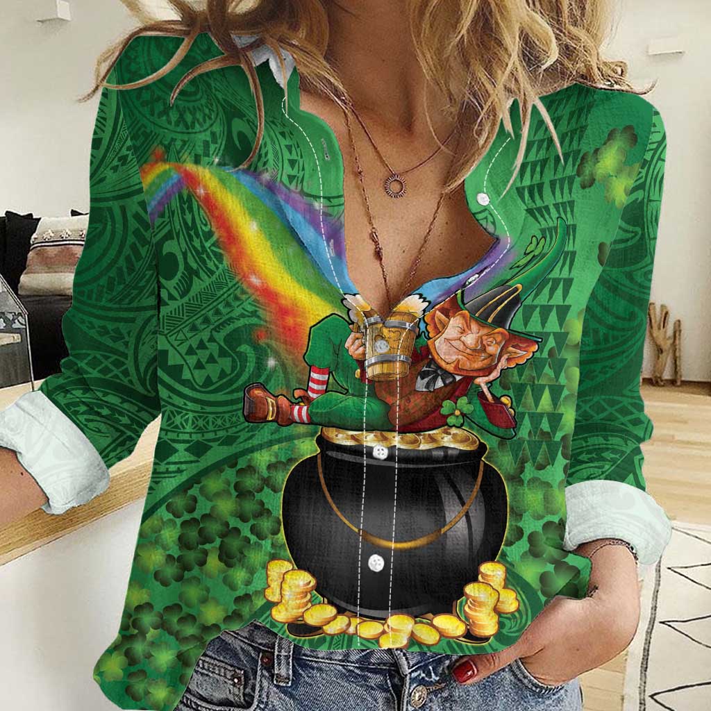 Hawaii Saint Patrick's Day Women Casual Shirt Funny Leprechaun With Pot Of Gold - Polynesian Tattoo LT14 Female Green - Polynesian Pride