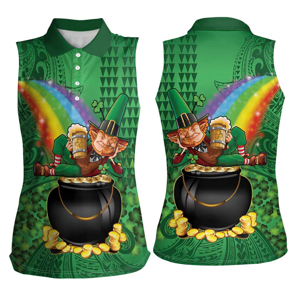 Hawaii Saint Patrick's Day Women Sleeveless Polo Shirt Funny Leprechaun With Pot Of Gold - Polynesian Tattoo LT14 - Polynesian Pride