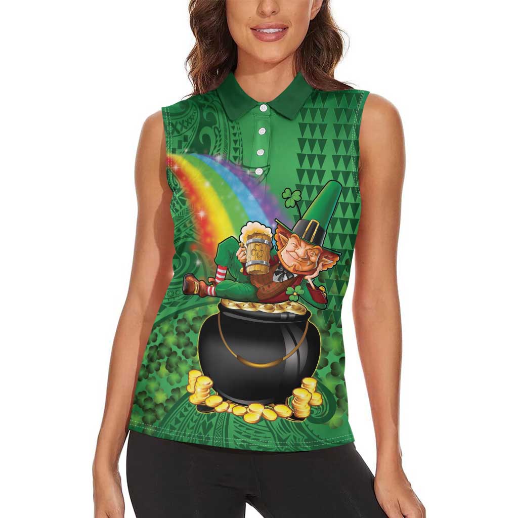 Hawaii Saint Patrick's Day Women Sleeveless Polo Shirt Funny Leprechaun With Pot Of Gold - Polynesian Tattoo LT14 - Polynesian Pride