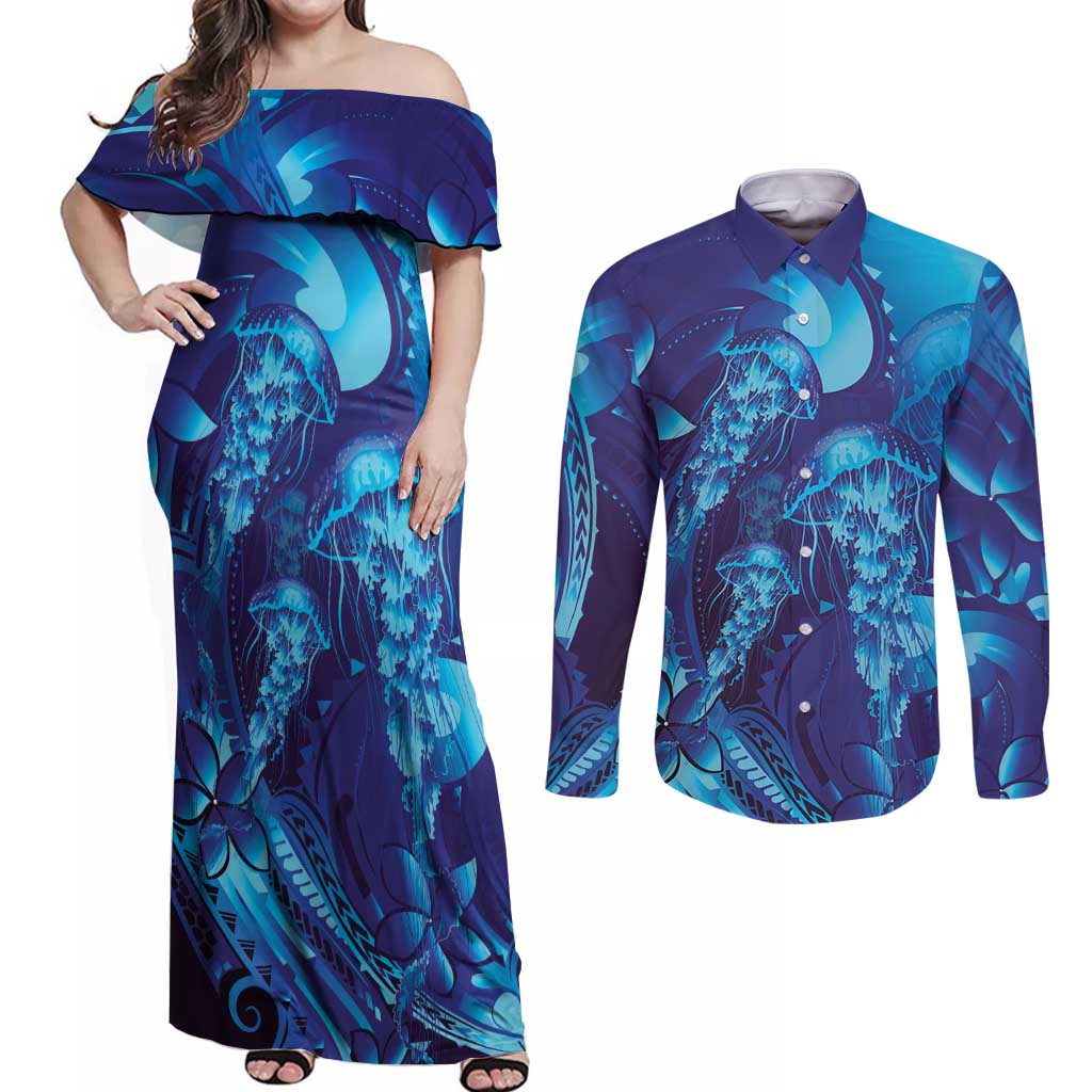 Purple Paradise Polynesia Jellyfish Couples Matching Off Shoulder Maxi Dress and Long Sleeve Button Shirt Plumeria Polynesian Tattoo Glowing Vibes LT14 Purple - Polynesian Pride