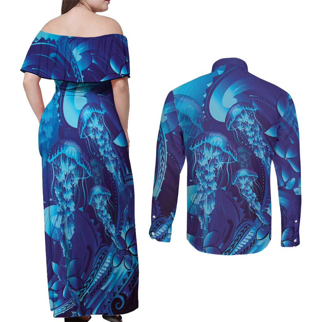 Purple Paradise Polynesia Jellyfish Couples Matching Off Shoulder Maxi Dress and Long Sleeve Button Shirt Plumeria Polynesian Tattoo Glowing Vibes LT14 - Polynesian Pride