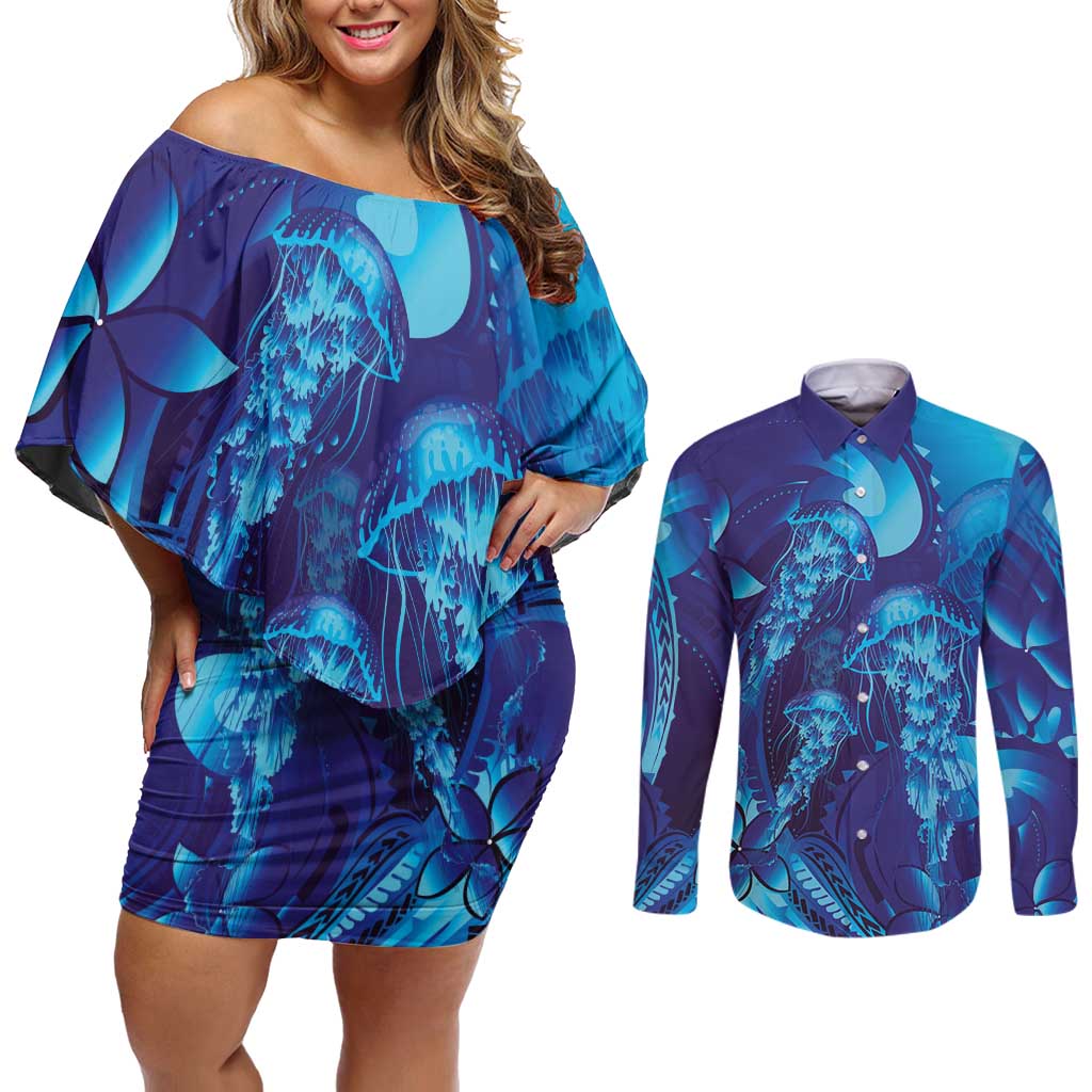 Purple Paradise Polynesia Jellyfish Couples Matching Off Shoulder Short Dress and Long Sleeve Button Shirt Plumeria Polynesian Tattoo Glowing Vibes LT14 Purple - Polynesian Pride
