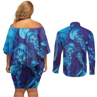Purple Paradise Polynesia Jellyfish Couples Matching Off Shoulder Short Dress and Long Sleeve Button Shirt Plumeria Polynesian Tattoo Glowing Vibes LT14 - Polynesian Pride