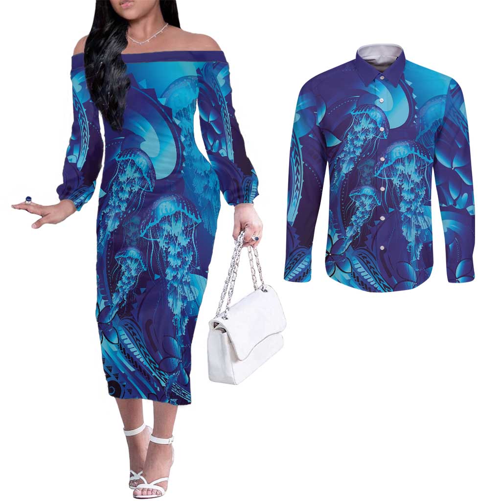 Purple Paradise Polynesia Jellyfish Couples Matching Off The Shoulder Long Sleeve Dress and Long Sleeve Button Shirt Plumeria Polynesian Tattoo Glowing Vibes LT14 Purple - Polynesian Pride