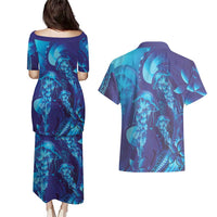 Purple Paradise Polynesia Jellyfish Couples Matching Puletasi and Hawaiian Shirt Plumeria Polynesian Tattoo Glowing Vibes LT14 - Polynesian Pride